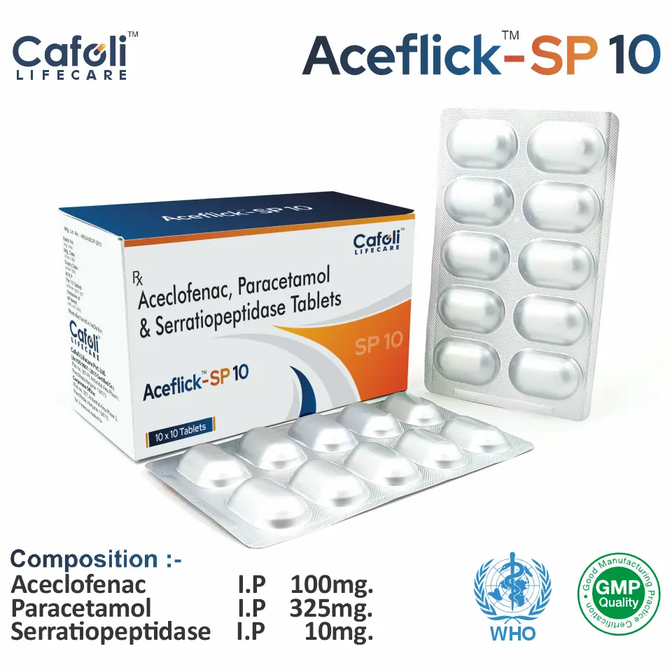 Aceclofenac 100mg + Paracetamol 325mg + Serratiopeptidase 10mg Tablet PCD Pharma